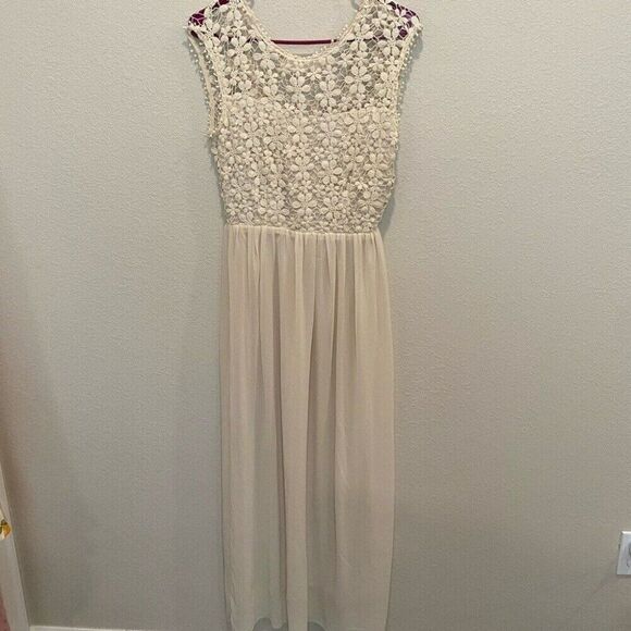 Women's Maxi Dress Gown Size Small Beige Tan Wedding Bridal Boho Neutral - Picture 2 of 10